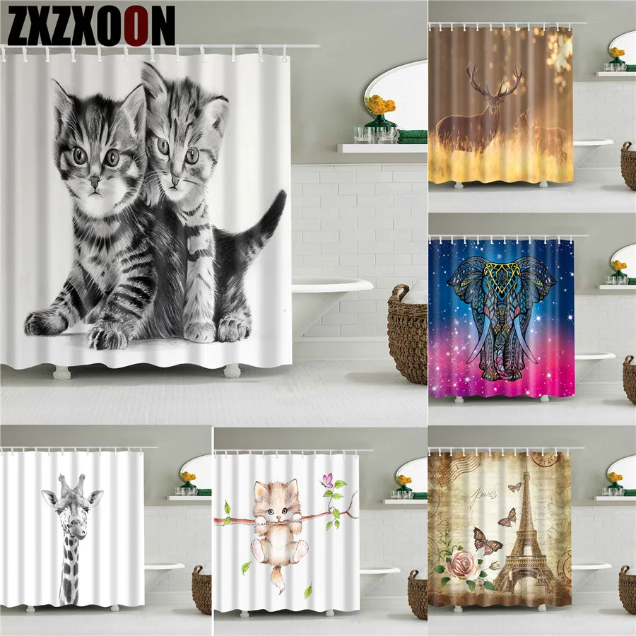 Мультфильмы Животные кошек и жирафов слон 3d Ванная комната душа Шторы s Ванна
