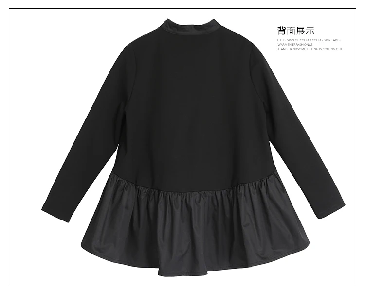 New Autumn Winter Stand Collar Long Sleeve Black Loose Hem Pleated Stitch Irregular T-shirt Women Fashion Tide WT18