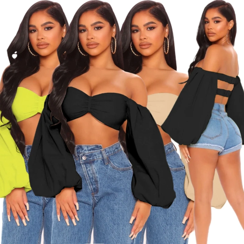 

Off The Shoulder Long Lantern Sleeve Cropped Top Women Fashion Slash Neck Backless T-shirts Streetwear Beachwear Party Tops