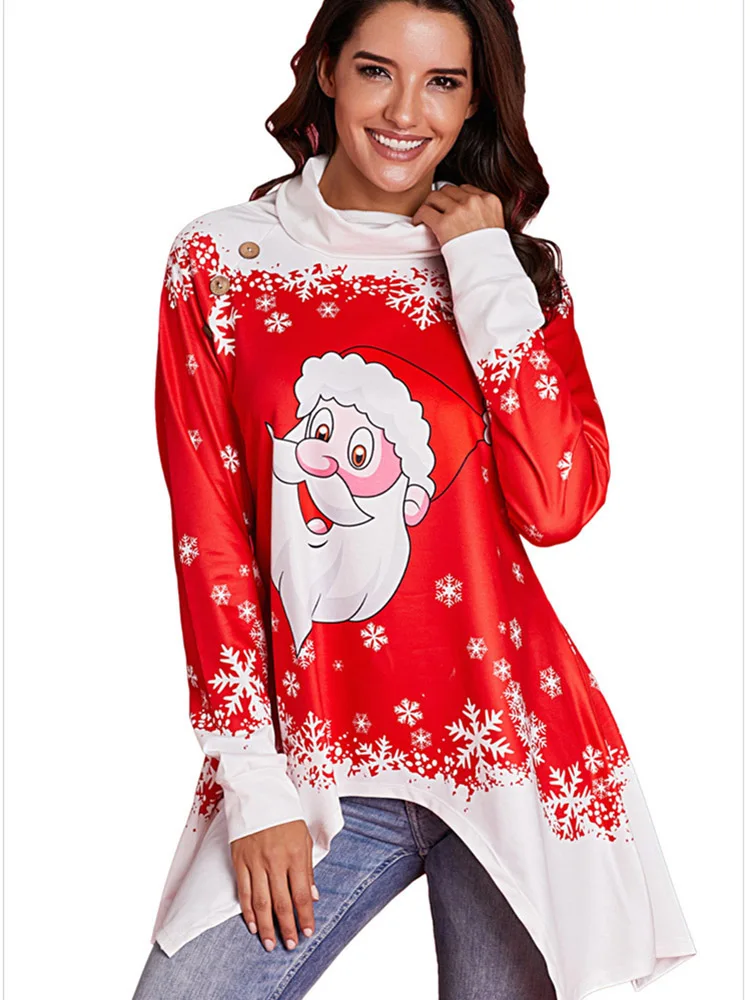 

Red Santa Claus Print Oversized Sweatshirt Long Sleeved Pullovers Winter Warm Woman Aesthetic American Apparel Merry Christmas