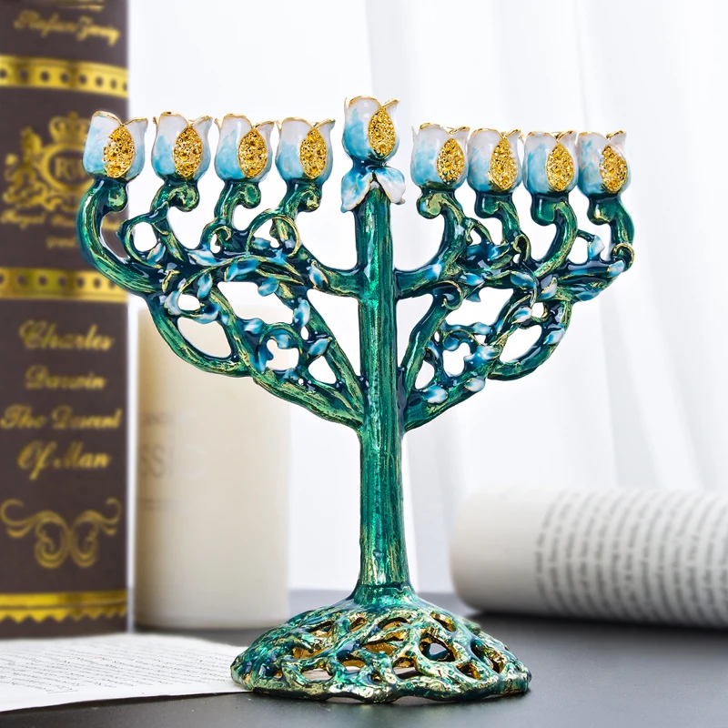 H& D 9 ветка ханукальные свечи Menorah ручная роспись Виноградная лоза цветов изогнутые Chanukiah Menorah домашний декор Jerusalem подарок(зеленый