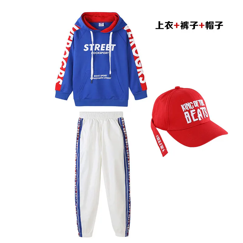 2pcs and hat Детские костюмы для джазовых танцев в стиле хип-хоп, синие топы и белые штаны для мальчиков Одежда для уличных танцев Современная Одежда для танцев, костюмы DQS1047 - Цвет: 2pcs and hat