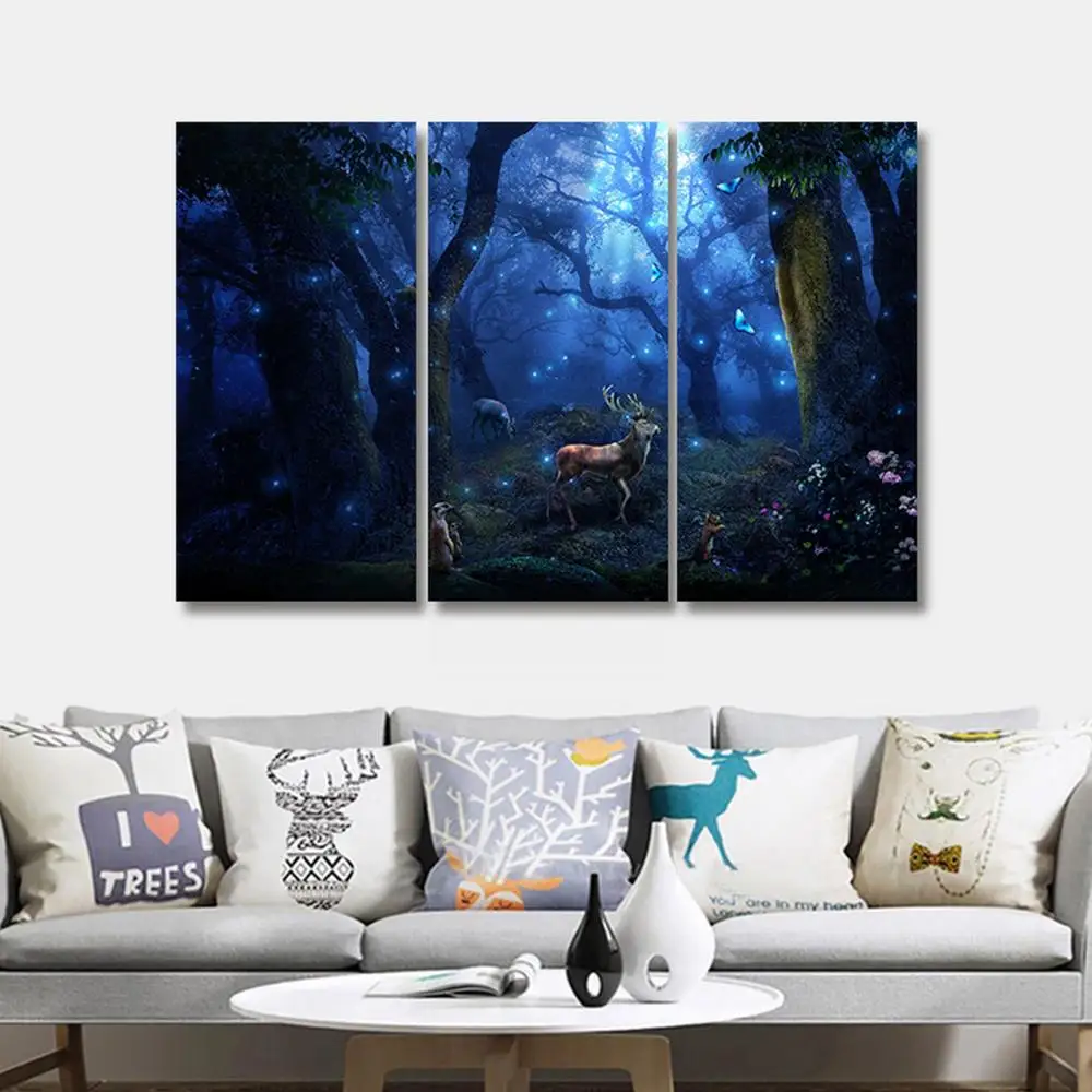 

3 pieces Abstract night primeval forest fireflies canvas painting modular picture mural art canvas living room decoration poster