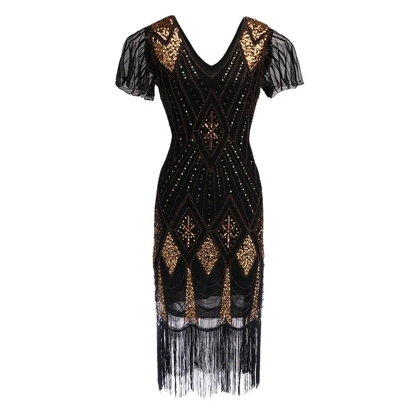 

Embellished Beaded Sequin Dress Robe Vestidos Women 1920s Flapper Dress Vintage V Neck Butterfly Sleeve Long Great Gatsby Dress