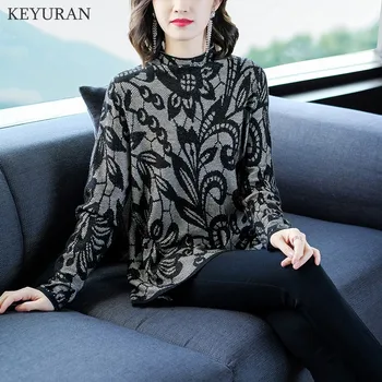 

Women Knitted Sweater and Pullovers Female Long Sleeve Half High Neck Flower Jacquard Loose Sweaters Pull Jumpers Femme Knitwear