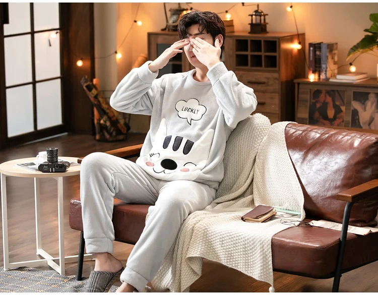 2021 Winter Long Sleeve Thick Warm Flannel Pajama Sets for Men Cute Cartoon Coral Velvet Sleepwear Pyjamas Homewear Home Clothes cheap pajama pants