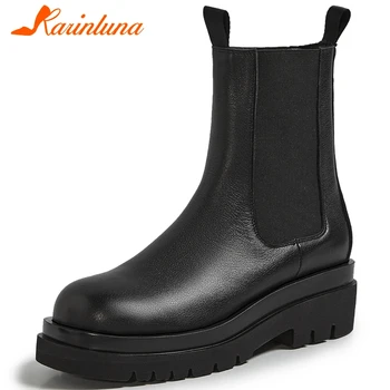 

Karinluna Cow Leather 2020 Hot Sale Ankle Boots Casual Slip-On Platform Thick Square Heels women shoes