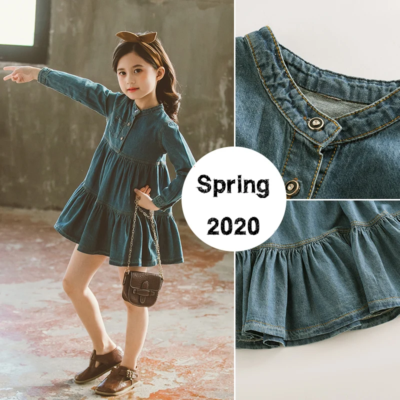 

New Spring Dresses for Girls Denim Dress Kids Casual Korean Long Sleeve Pleated Dresses Baby Girls Autumn Children Clothes 4-13Y