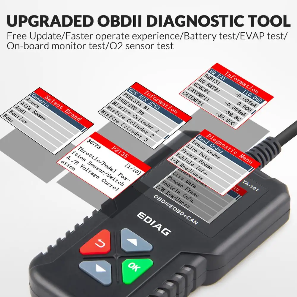 YA101 OBDII/EOBD 16Pin OBD2 считыватель кодов Бесплатная USB обновление EDIAG OBD 2