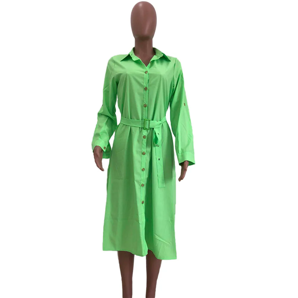 green dress Винтажное однотонное платье-рубашка на пуговицах женское элегантное платье с длинным рукавом и воротником-стойкой миди женское платье повседневное офисное женское платье Vestidos - Цвет: green dress