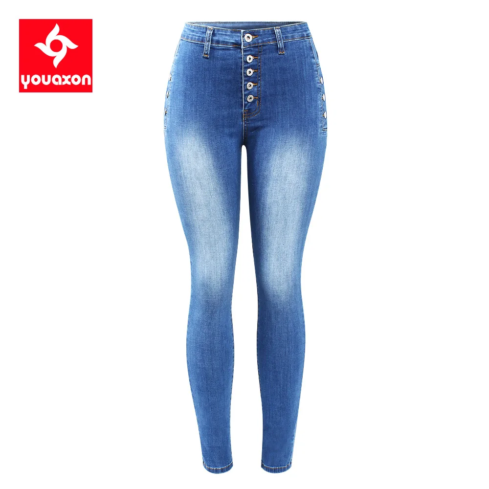 2222 Youaxon Новое поступление европейский размер Кнопка Fly Джинсы женские размера плюс высокая талия эластичные джинсы-скинни трусы для женщин - Цвет: blue
