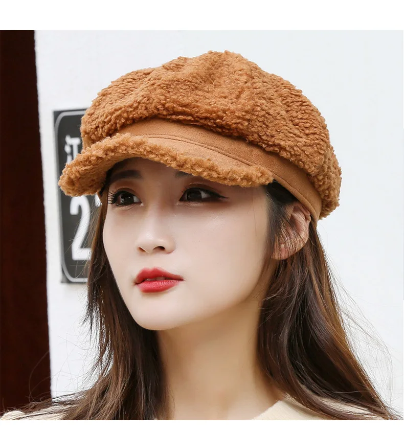 Winter Women's Cap Ladies Octagonal Hat Beret Lambswool Plush Warm Outdoor Female Visor Soft High Quality BT0057