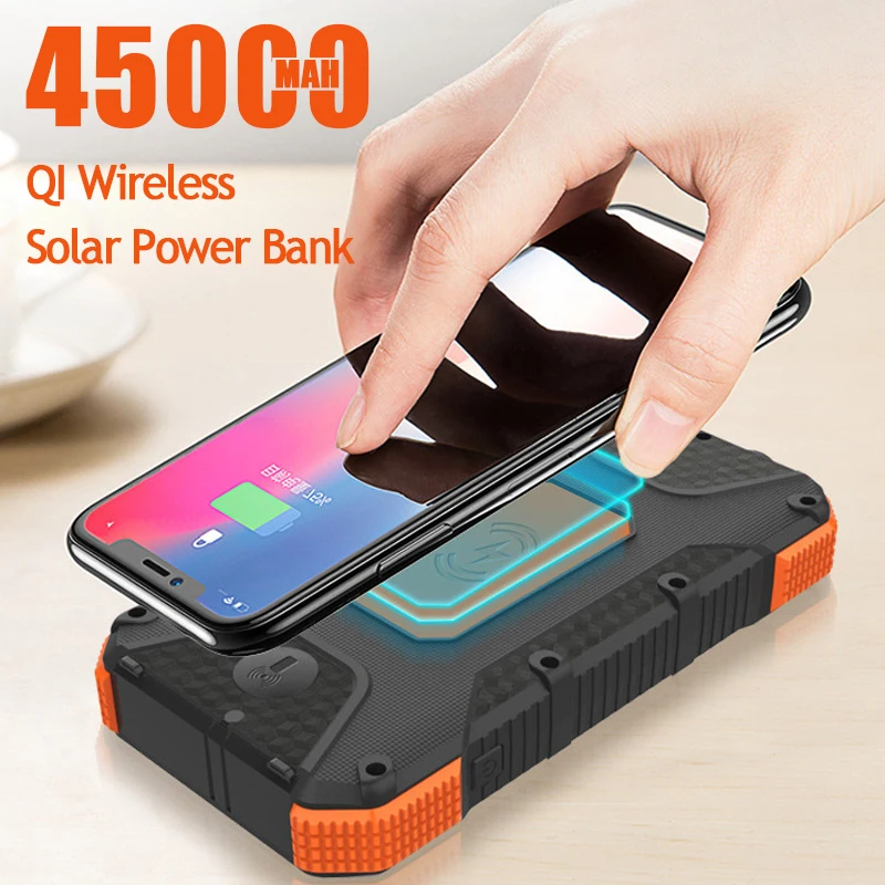 Wireless Power Bank 45000 мАч Солнечная портативный Тип C Внешняя Аккумуляторная батарея для