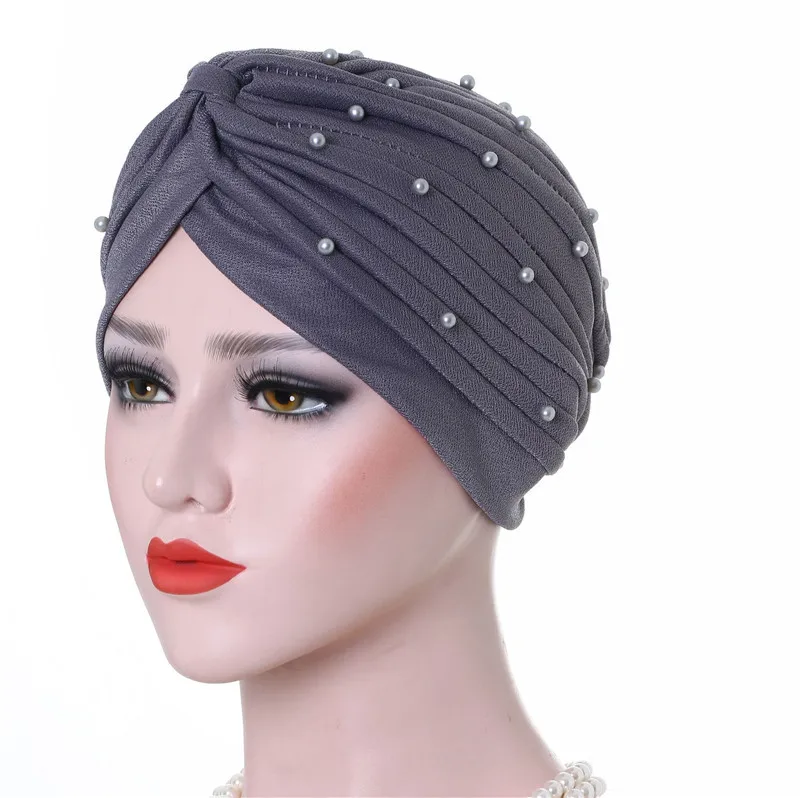 2020 코튼 솔리드 폴드 진주 이슬람 터번 스카프 여성 이슬람 내부 hijab 모자 아랍 랩 헤드 femme musulman turbante mujer