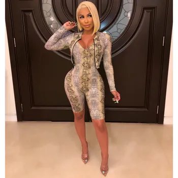 

Snake Skin Print Sexy Two Piece Set Bodycon Jumpsuit Vintage Club Outfit Zipper Long Sleeve Crop Top Women Tracksuit