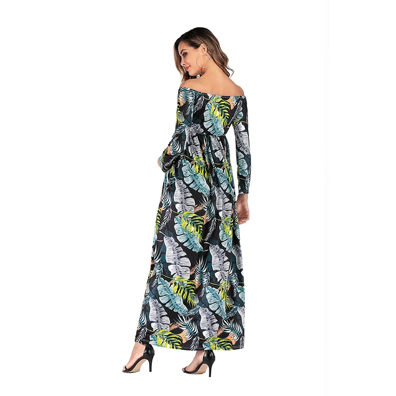 2019 Brand New Women's Autumn and Winter Shoulderless Flower Print Long Sleeve Pregnant Women Long Dress Maternity Dresses