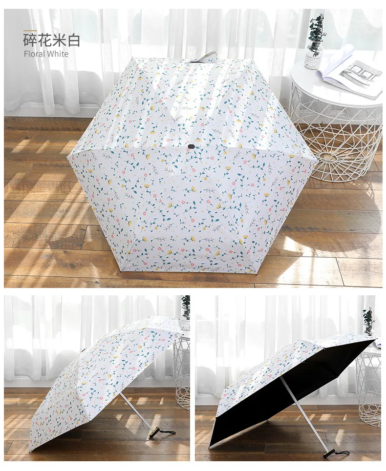 Floral-Print 16.5 Cm Ultra-Light Portable with Pockets UV-Protection Parasol Five-fold Umbrella