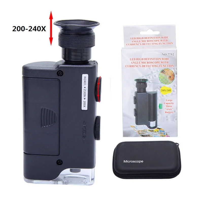 Mini Handheld Microscope 200X-240X Portable Microscope with LED Light UV Lamp Loupe Zoom Magnifier Wide Angle Jewelry Microscope