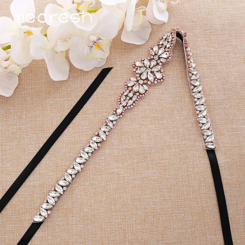 Mecresh Rose Gold Wedding Dress Belt Rhinestone Belt Bridal Accessories Women Crystal Flower Ivory Pink Belt Sash 270CM MYD035