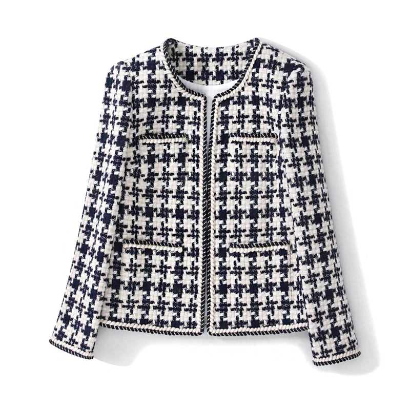 Promo  Tweed jacket Dark blue Plaid spring / autumn / winter women's jacket lapel long sleeve Business lad