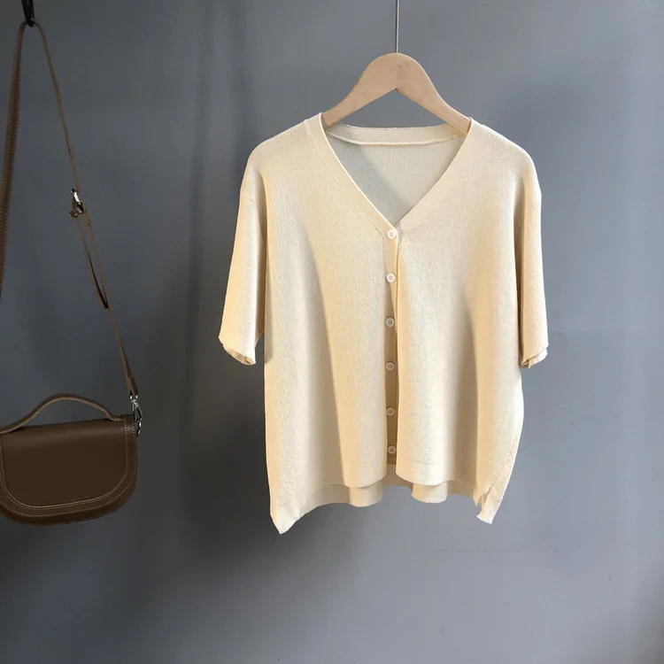 apricot Neploe/однотонная Трикотажная футболка с v-образным вырезом, свободные тонкие футболки на пуговицах в стиле Carzy, Осенний Молодежный топ, новинка 45889 - Цвет: apricot