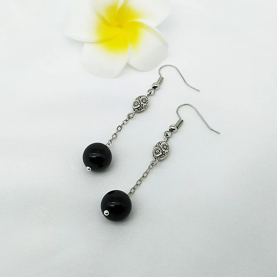 SHELA Black Onyx Drop Earrings for Women Pink Semi-Precious Stone Tibetan Silver Beads Dangle Pendientes Fashion Jewelry