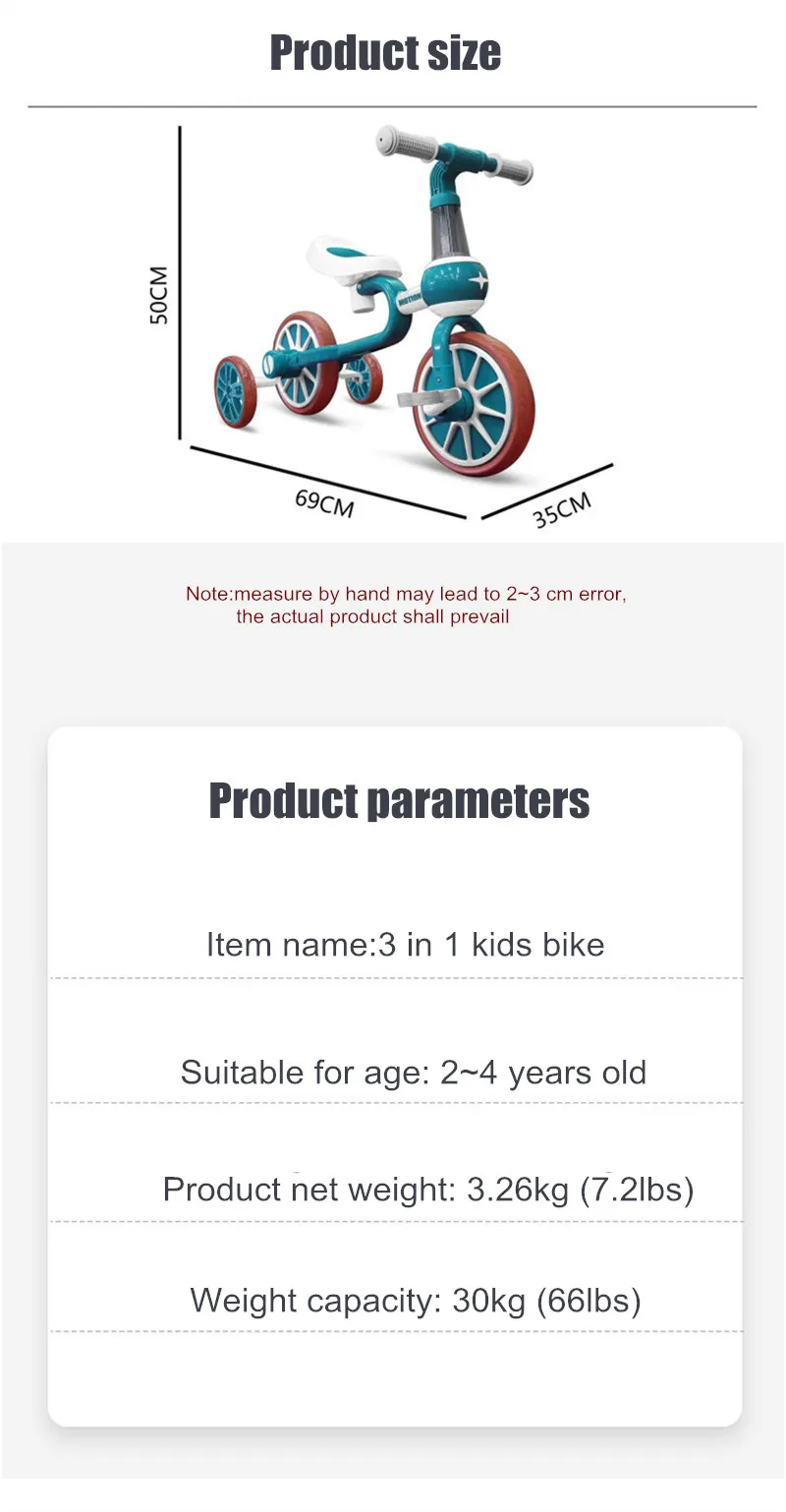 3 in 1 Kids Balance Bike Baby Push Bicycle For 2 3 4 Ages Child Toddler Learn to Ride Walker Multifunction Kids Ride on Toy