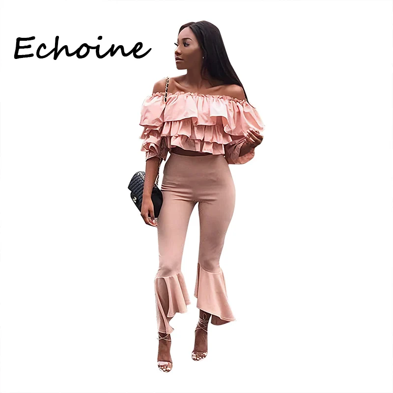 

Echoine Fashion Two Piece Set Off Shoulder Solid Color Crop Top + Pants Club Outfits 2019 Summer Cloth For Women