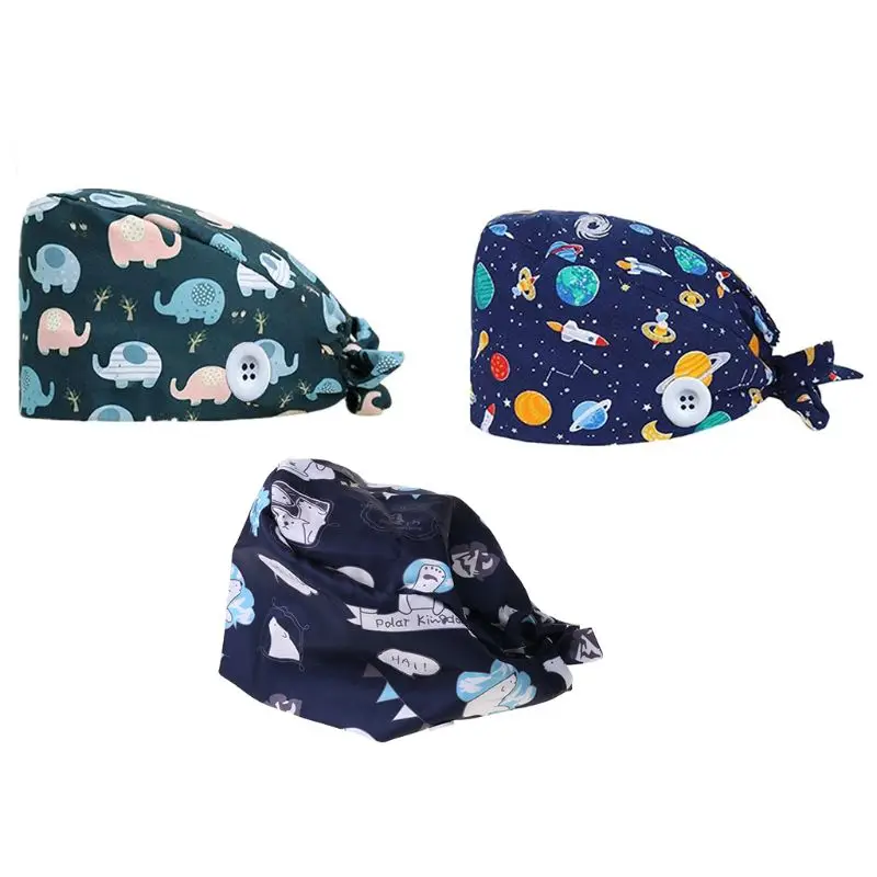 

Unisex Cartoon Scrub Cap with Button Elephant Planet Print Bouffant Hat