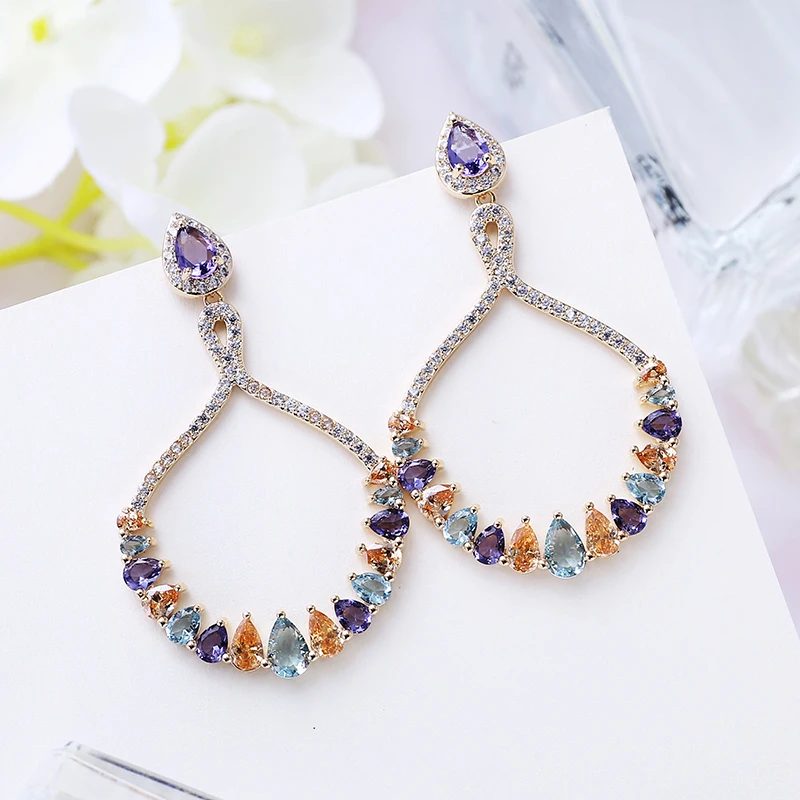 Water Drop Design Earrings Multicolor Luxury CZ Stone Drop Earrings Wedding Jewelry Women Gifts XIUMEIYIZU Famous Brand New