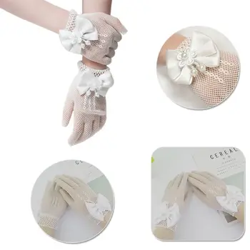 

Kids Cream Lace Fishnet Gloves Communion Party Flower Bride Accessories Ceremony dress Bow-tied Gloves gloves Girl Party W1E6