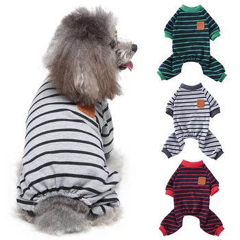 

4 Legged Pet Dog Pajamas Puppy Clothes Comfortable Warm Cotton Stripe Small Dog Jumpsuit Suit Pet Cat Blue Pink