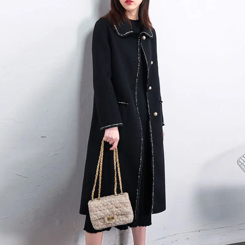 

Small fragrant edging large size double-sided woolen coat pearl black 2019 new knee-length long double-sided wool coat