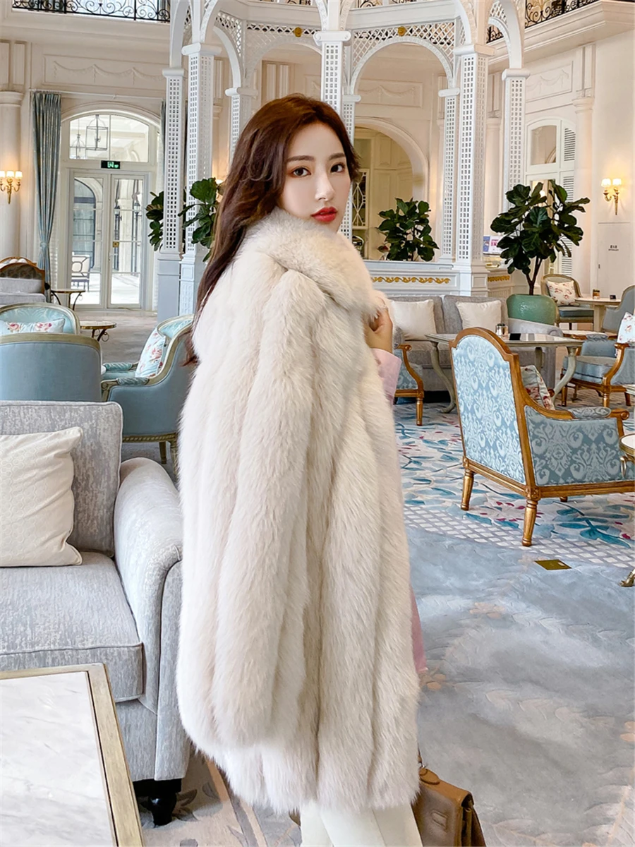 高级リアルブルーフォックスファーロングコート女性用プラスサイズ