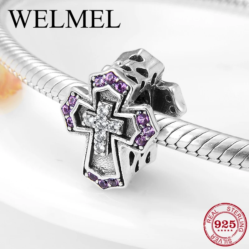 

High quality Pink and Clear CZ Cross Charms bead Fit Original charm Pandora Bracelet Necklace Jewelry Making