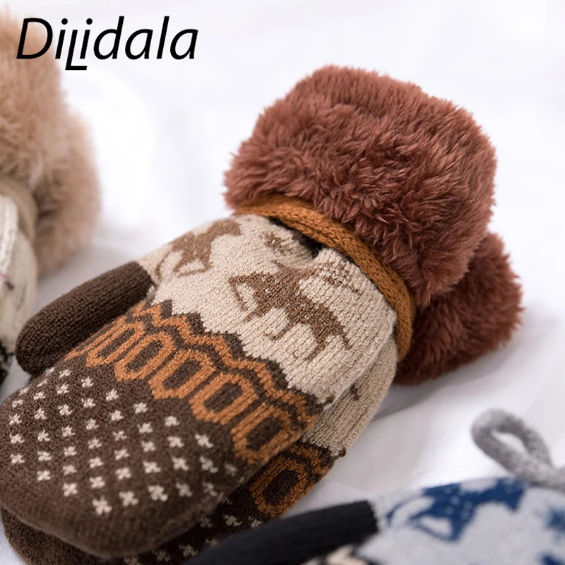 Dilidala Рождественские перчатки с оленем теплые детские перчатки на полный палец плюс бархатные перчатки с ремешком дикие варежки для детей