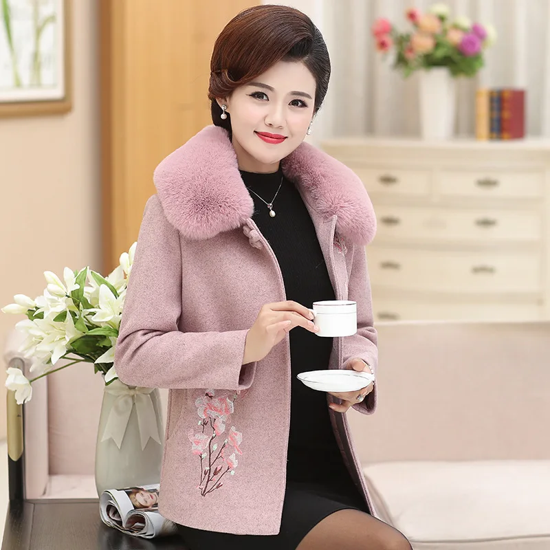 

Elegant Mom Autumn Clothing Woolen Jacket Women's 2019 New Style Middle-aged WOMEN'S Apparels 5060 Grandma Fur Collar Woolen Clo