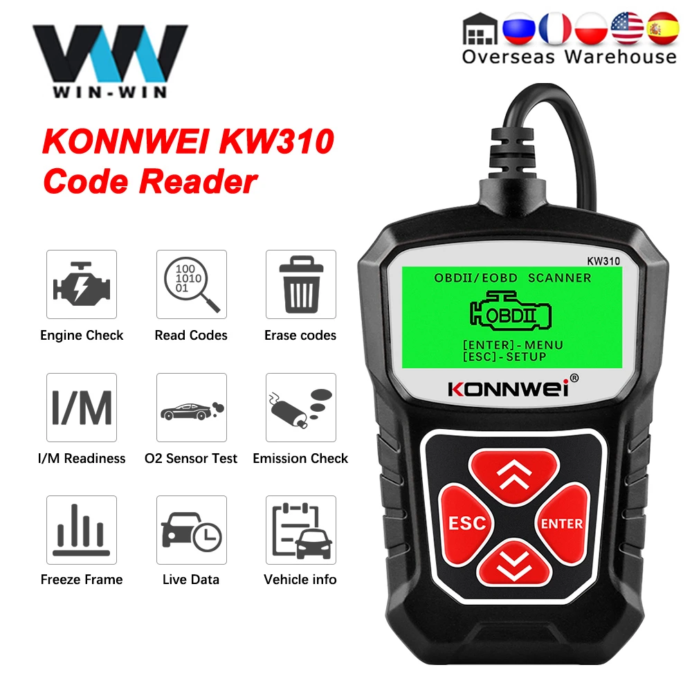 KONNWEI KW310 OBD2 Car Diagnostic Scan Tool Automotive ODB2 Code Reader with Russian OBD 2 Scanner Auto Tools PK ELM 327 V 1 5 Cylinder Stethoscope