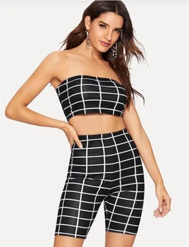 

Sexy Women Plaid Jumpsuit Summer Sleeveless Bodycon Fashion Crop Tops Short Pants Two Piece Set Clubwear 2020
