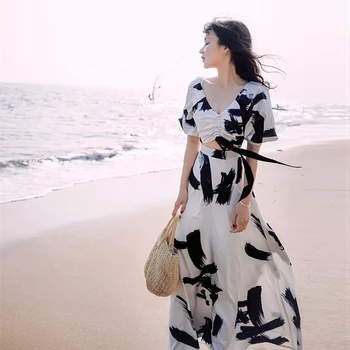 

New Fashion Women Summer Two Piece Sets High Quality Women's Set Sexy V-Neck Short Sleeve Top + High Waist Print Long Skirt Suit