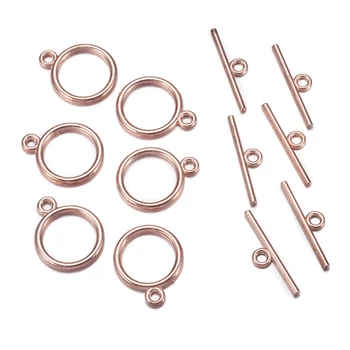 

700Sets Tibetan Style Toggle Clasps Flat Round Cadmium Free & Nickel Free & Lead Free Rose Gold, Toggle: 15x2mm, Hole: 2mm;