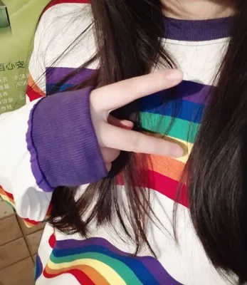 Женский Осенний Модный корейский стиль Ulzzang Harajuku Радужная цветная полосатая футболка с длинными рукавами Женская Повседневная Свободная футболка