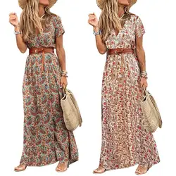 Moda boho vestido longo para mulher com decote em v manga curta paisley impressão cinto grande bainha praia vestido longo elegante vestido feminino 2021