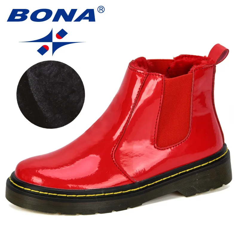 Red BONA/ г. Новая дизайнерская популярная Зимняя школьная обувь для мальчиков модные зимние ботинки без застежки на плоской подошве плюшевые теплые удобные детские уличные ботинки - Цвет: Red