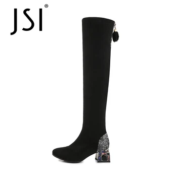 

JSI Winter Over-knee High Boots Woman Round Toe Tassle Ladies Zipper High Square Strange Colorful Mental Heel Boots JO640