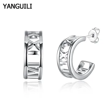 

Free Shipping Silver 925 Earrings Simple Design Hollow Half Round Rome Stud Earrings Female Trendy Jewelry