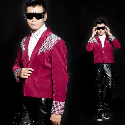 Men Rivet Suits Blazers Jacket Stage Costumes For Singers Formal Jackets For Men Bar Ds Singer Dj Black Gold Studded Clothes - Color: Red