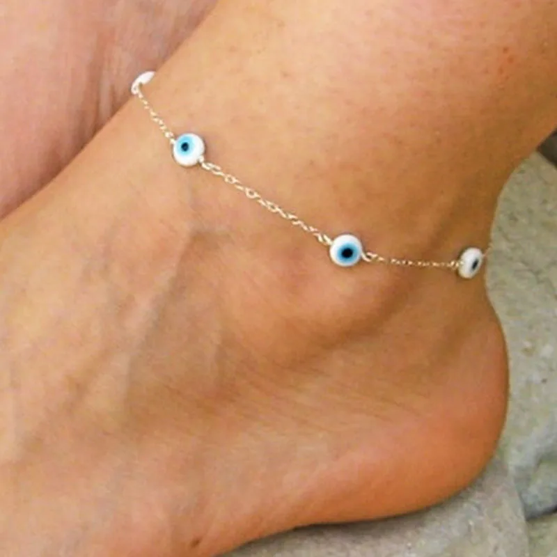 Bohemian Multi Layered Beads Ankle Bracelet for Women Leg Chain Blue Evil Eye Pendant Anklet