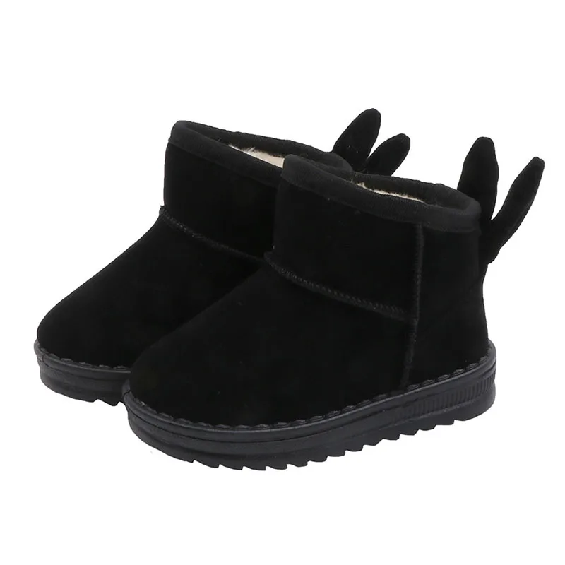 COZULMA/Детские теплые зимние сапоги с плюшевой подкладкой; обувь из флока без застежки для девочек; ботильоны с милыми заячьими ушками; Размеры 25-36 - Цвет: Черный