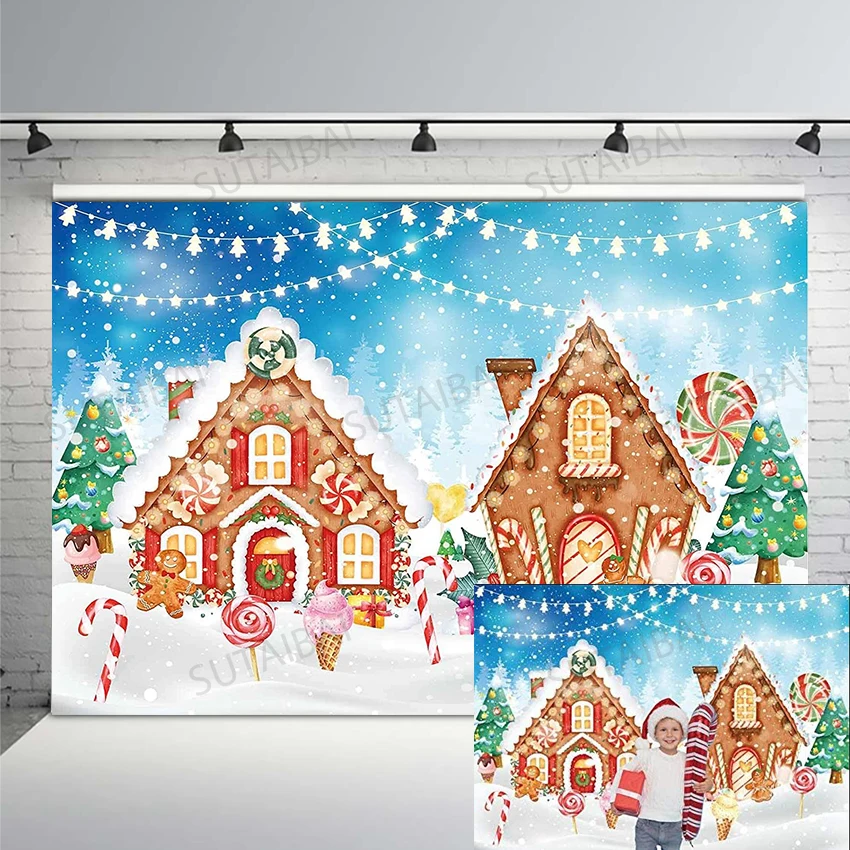 Christmas Tree Gingerbread House Backdrop Cookie Banner Candyland Winter Snowflake Photography Background Baby Birthday Party |